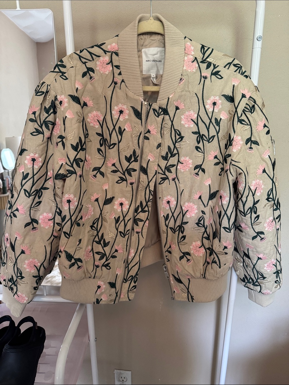 Avec Les Filles cotton Beige Bomber Jacket with Pink Floral Embroidery